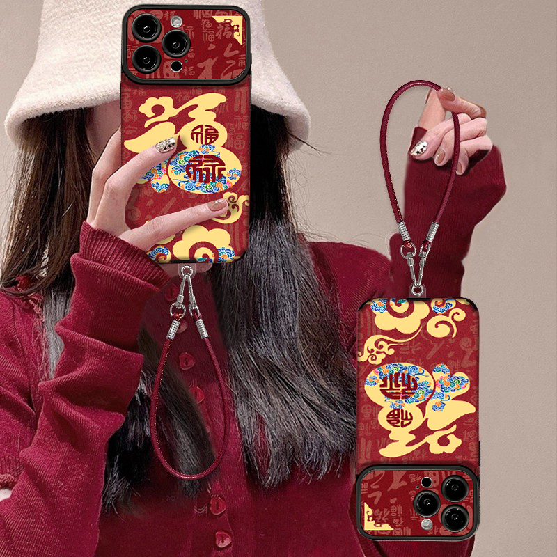 适用苹果17promax手机壳iphone17新年17pro马年16带挂绳15祥云福14秋冬轻奢12皮质13全包防摔11红色air保护套