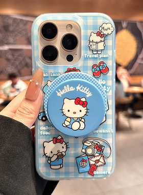 酷图适用苹果16promax手机壳女款可爱蓝白色格纹kitty猫iphone15pro保护套小众13卡通爆款14pm日韩16全包防摔