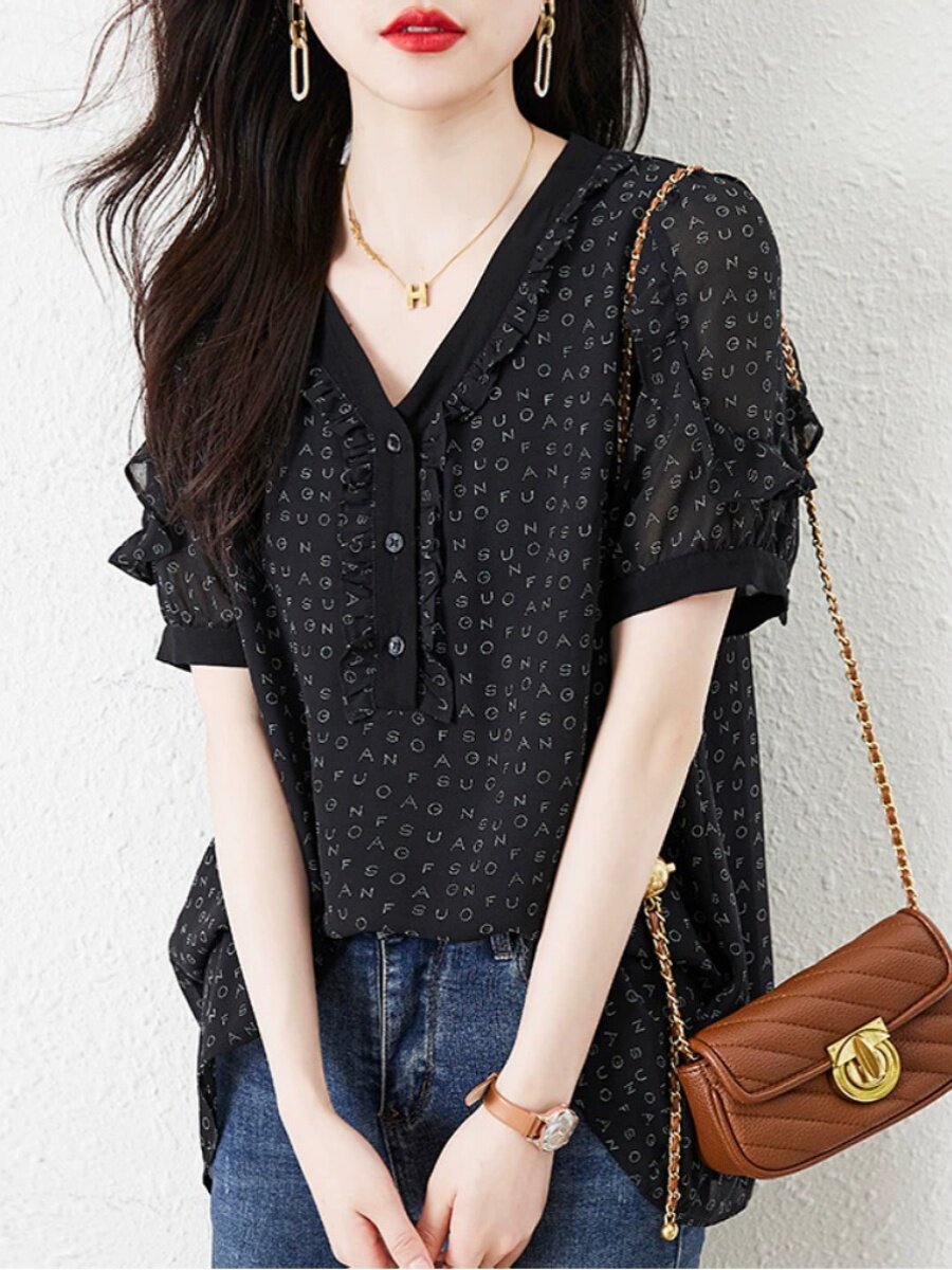 加码瘦身短袖衬衫薄2025夏季加码妇女的腹部覆盖宽松和优雅的t恤