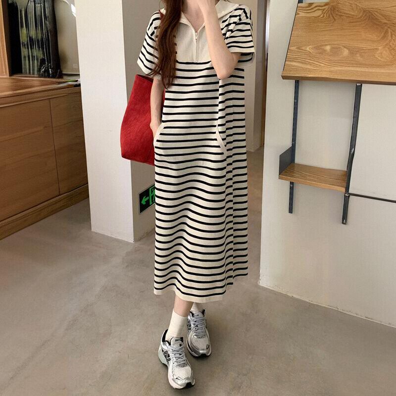 polo领条纹短袖针织洋装女夏季宽松慵懒风直筒休闲长版T恤裙子