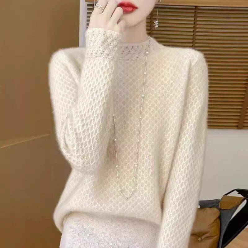 2026新款半高领羊绒衫女宽松加厚毛衣钩花镂空洋派内搭羊毛打底衫