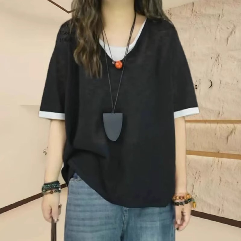 假两件撞色正肩短袖t恤女大码2025新款夏季微胖百搭减龄显瘦上衣