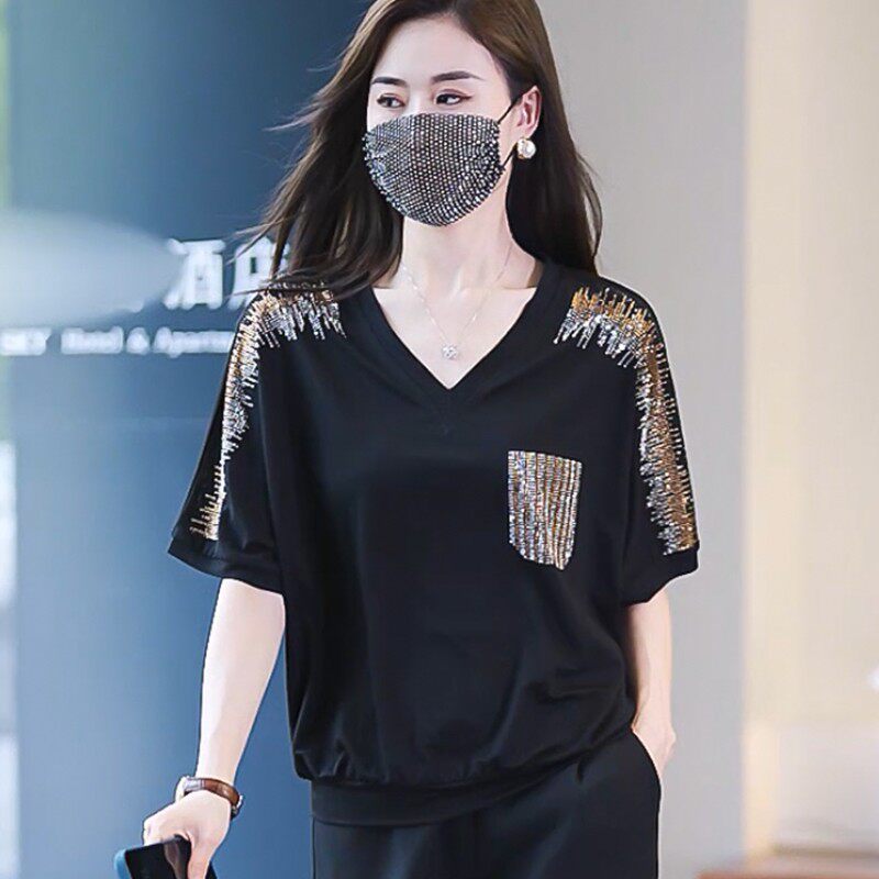 V领短袖t恤女夏装宽松百搭时尚烫钻小衫胖mm遮肚上衣藏肉大码女装