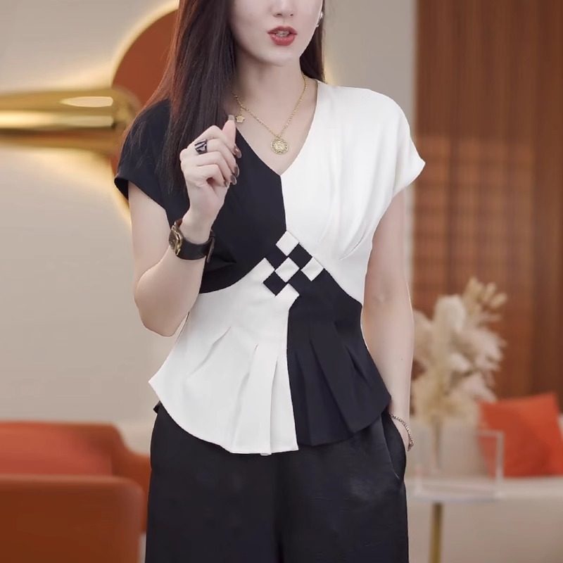 法式撞色V领短袖衬衫女士夏季新款气质修身大码显瘦别致小衫上衣