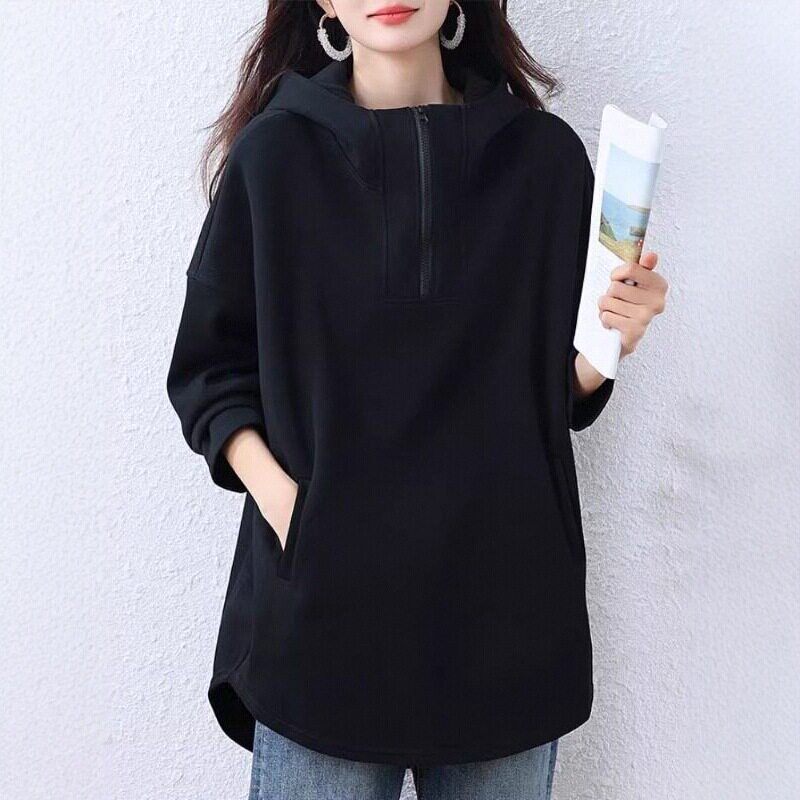 中长款欧货大码卫衣外套女2026春装新款胖mm宽松遮臀洋气减龄上衣
