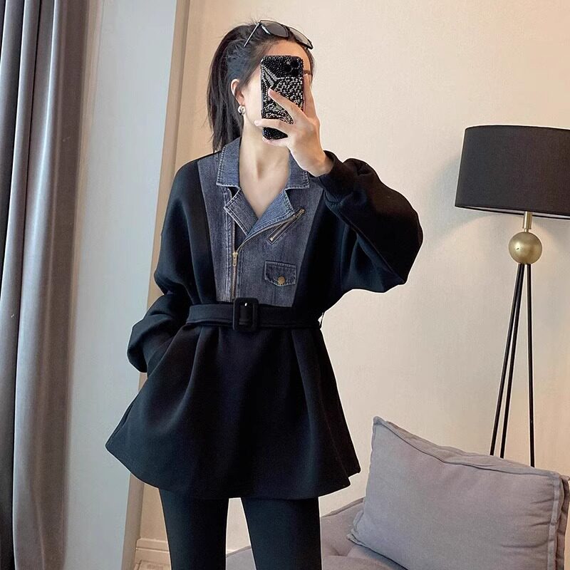 大码中长款假两件收腰衬衫裙女秋季胖mm遮肚子设计感高端欧货上衣