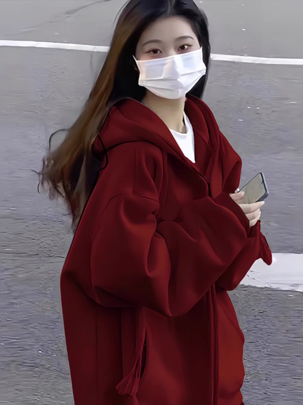 酒红色开衫卫衣女2025秋冬新款加绒加厚连帽上衣高级感情侣装外套