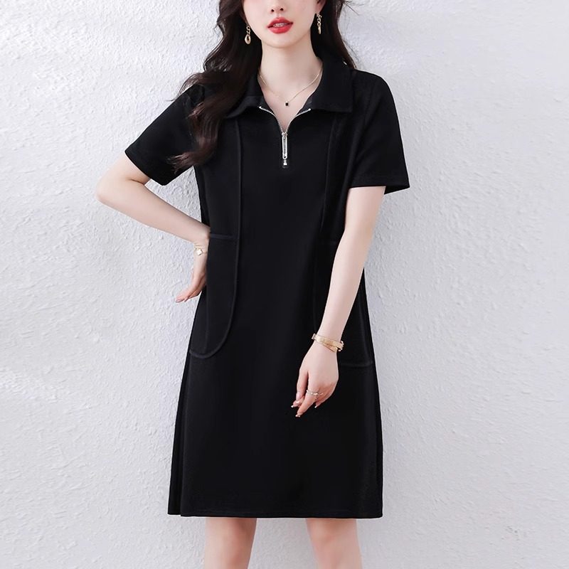 欧洲站大尺码宽松拉炼翻领洋装女2025夏装新款显瘦短袖中长版裙子