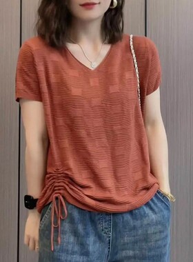 宽松冰丝短袖t恤女2025新款夏季爆款夏装洋气减龄小衫v领气质上衣
