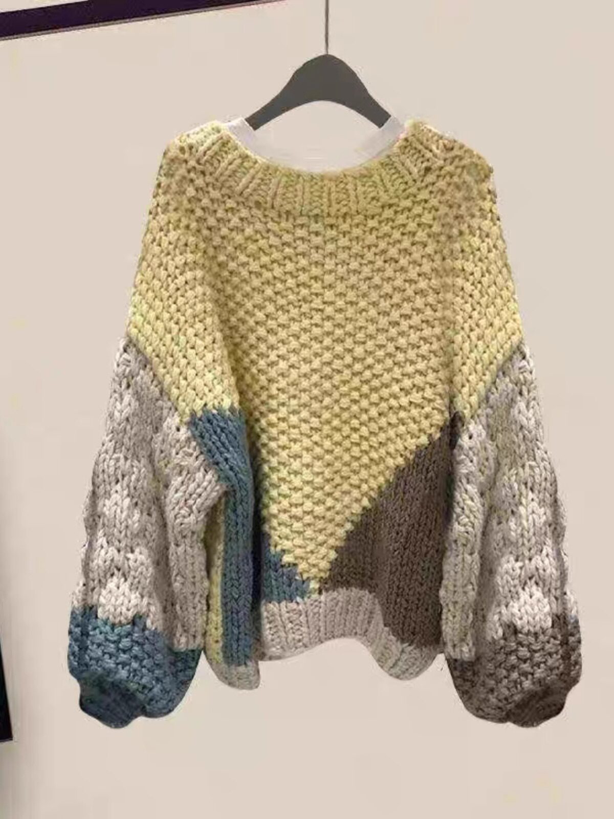 小众设计感针织套头毛衣女2025春秋新款宽松慵懒风拼色粗毛线上衣