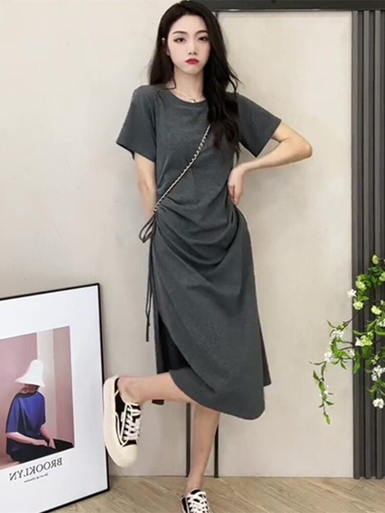 休闲抽绳开叉长款t恤连衣裙女夏季2026新款收腰显瘦长裙子女夏天
