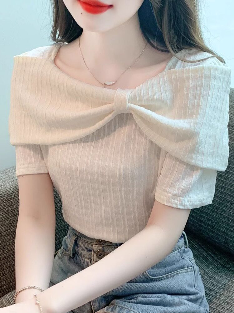 蝴蝶结一字肩雪纺衫女泫雅风短袖上衣夏季设计感洋气漂亮显瘦小衫