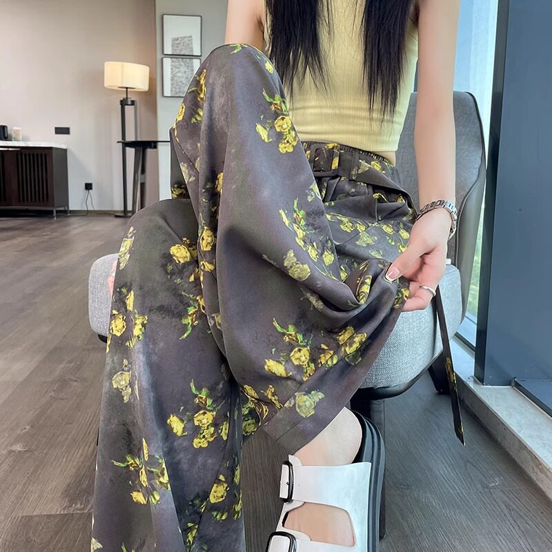 阔腿花裤子女2026新款夏季薄款高腰显瘦垂感宽松休闲拖地裤沙滩裤