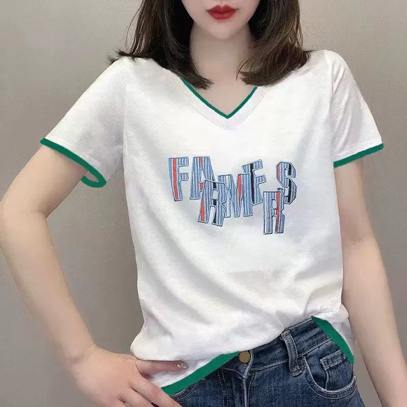 纯棉白色T恤女夏季2026新款短袖洋气减龄微胖显瘦正肩v领体恤上衣