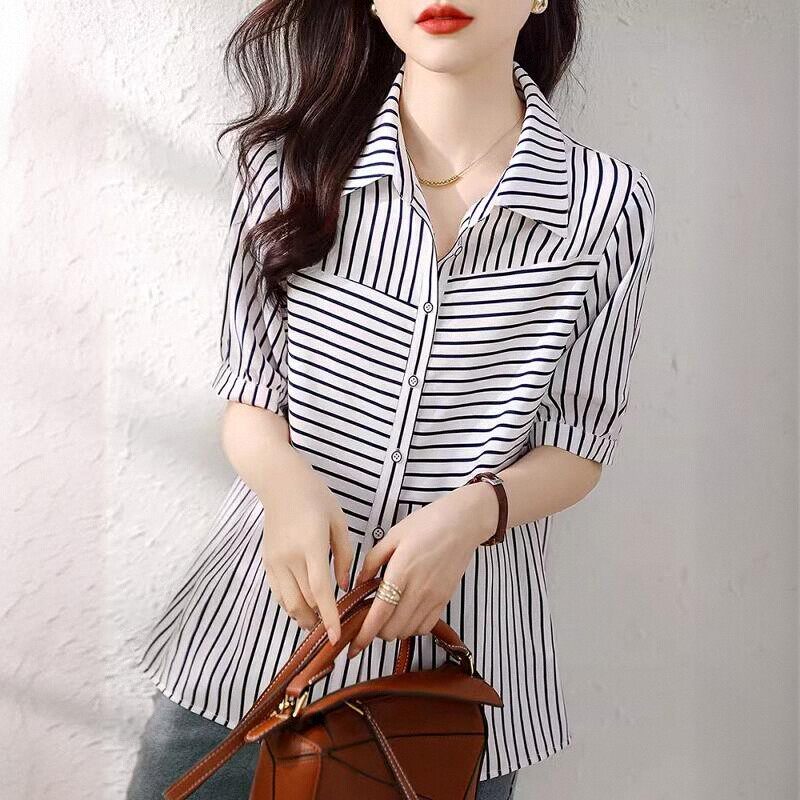 条纹短袖衬衫女夏季新款韩版时尚遮肉显瘦百搭洋派翻领衬衫上衣