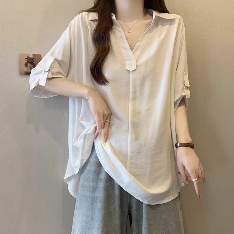 中长版白色V领短袖衬衫女夏季大尺码胖mm遮肚子宽松慵懒风雪纺上