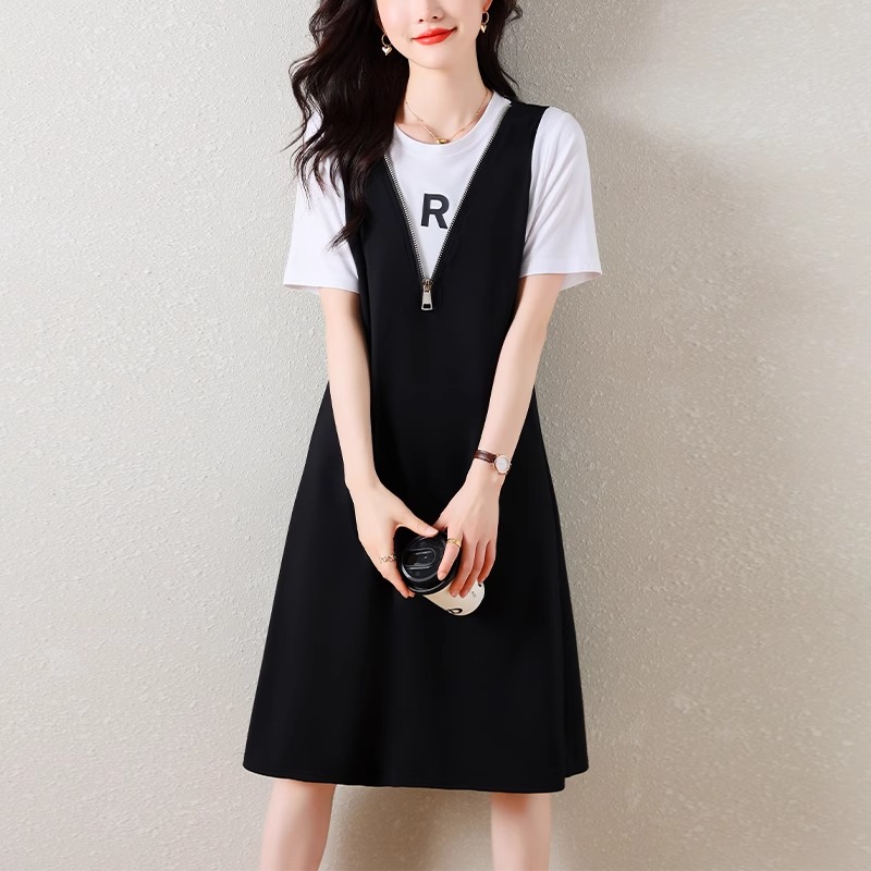 大码女装2024夏季新款洋气时尚假两件背带裙胖妹妹显瘦A字连衣裙