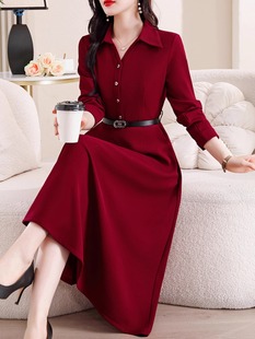 红色连衣裙子女士春秋冬季2025年新款气质高端减龄显瘦长袖中长裙