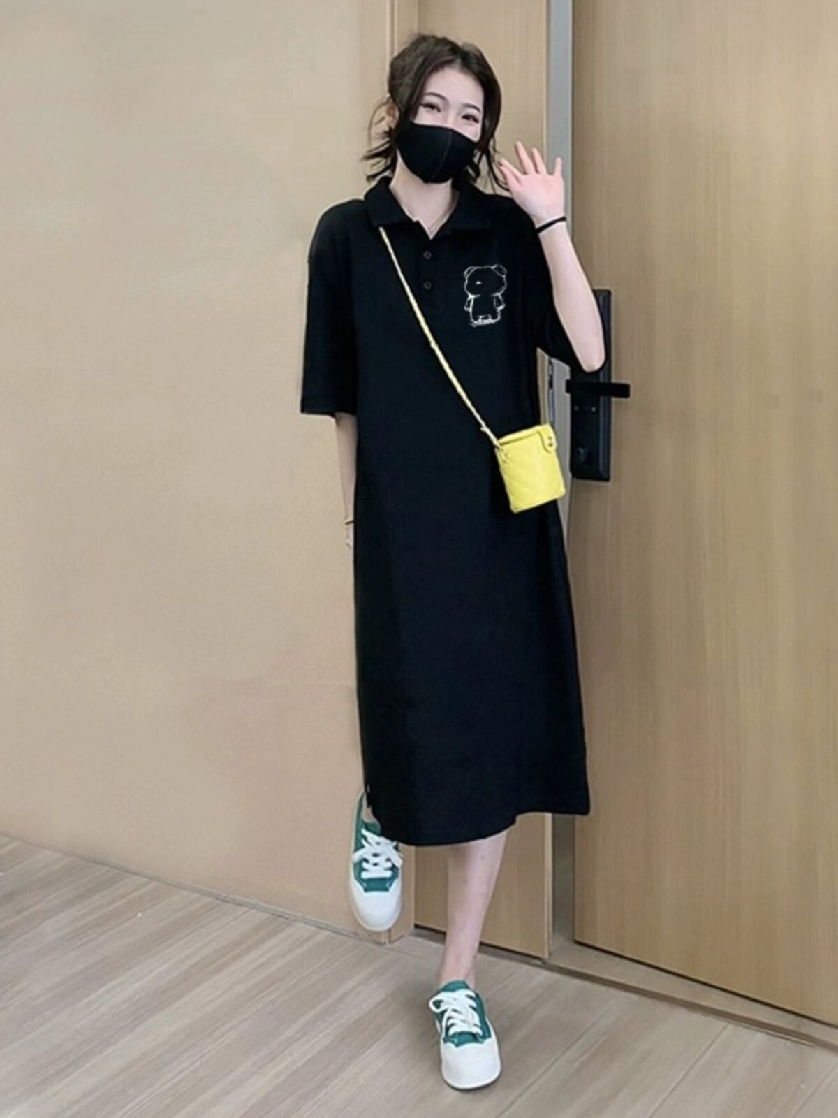 大码女装polo领短袖t恤裙子夏季胖mm遮肚纯棉长裙休闲过膝连衣裙