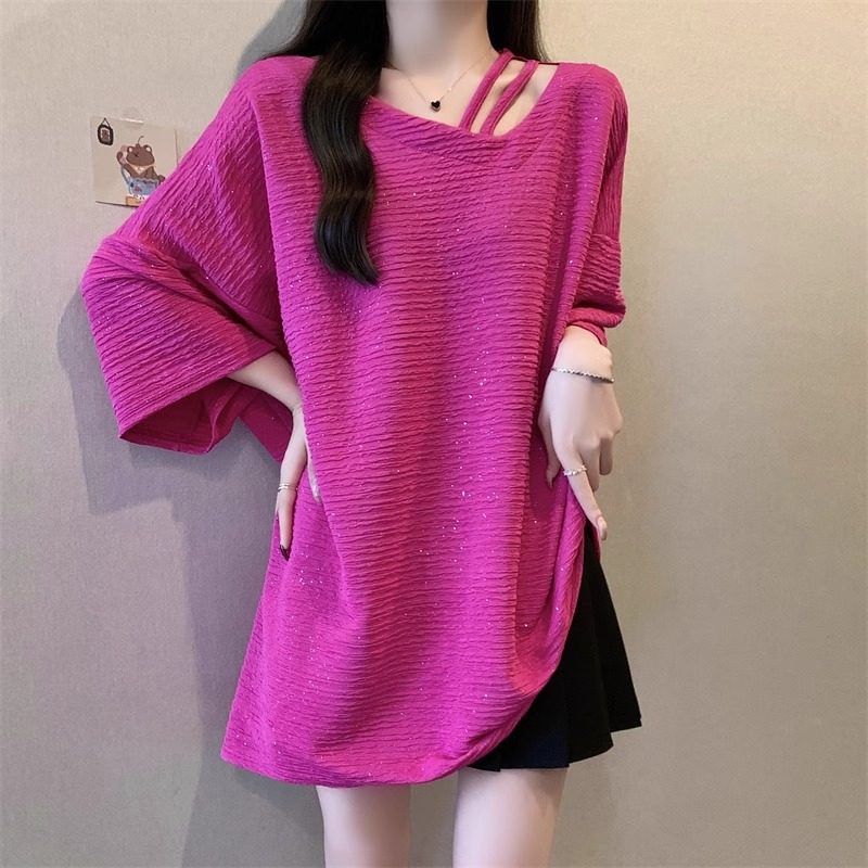 亮闪闪锁骨短袖T恤女夏装大码打底衫胖妹妹显瘦中长款遮屁股上衣