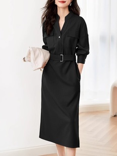 黑色连衣裙子女士装春秋冬季2025年新款小个子爆款气质长袖中长裙