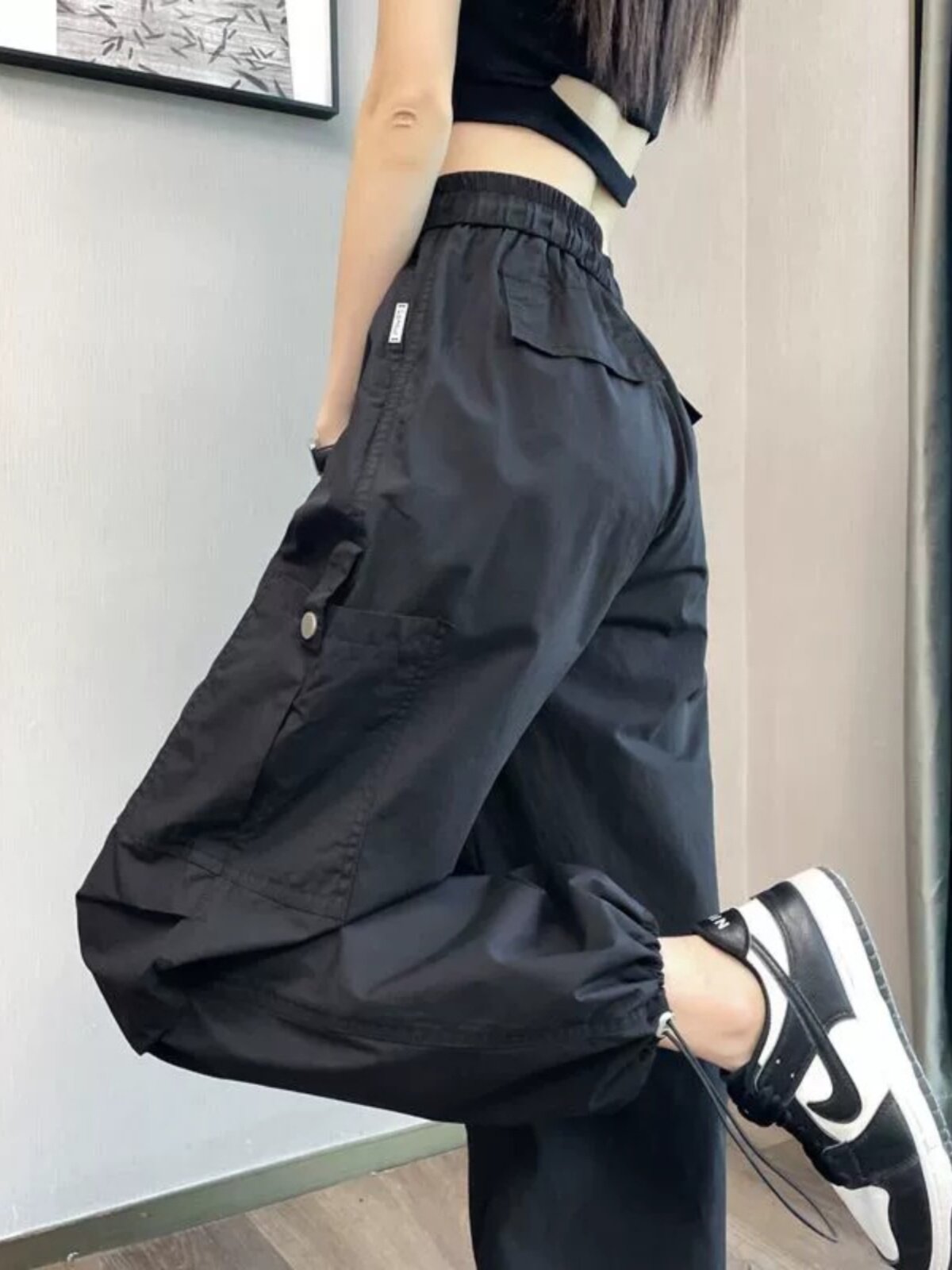 黑色冰丝速干工装裤子女夏天薄款百搭显瘦宽松束脚休闲阔腿运动裤