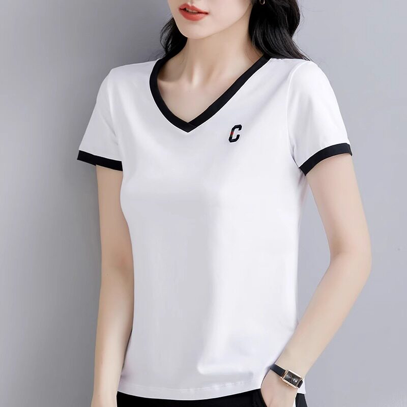 白色v领短袖t恤纯棉修身女士2026年夏季新款小个子气质减龄体恤衫