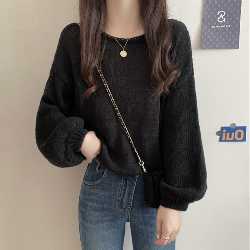 宽松慵懒风针织衫女长袖2025春秋灯笼袖黑色薄款毛衣显瘦短款上衣