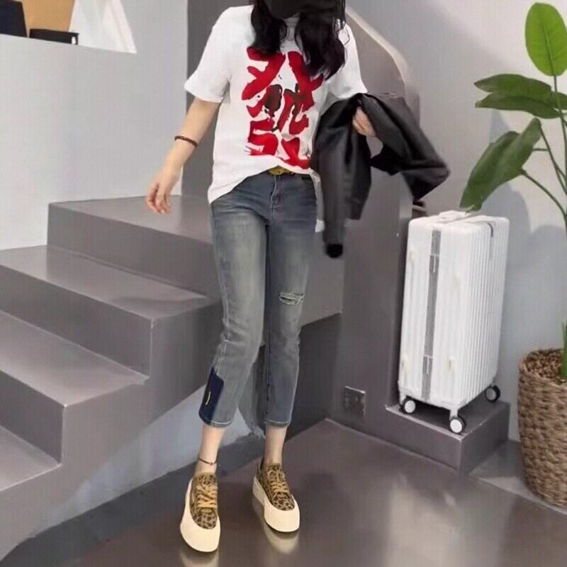 大码高腰弹力破洞小脚牛仔裤女春季新款显瘦胖mm小个子九分铅笔裤