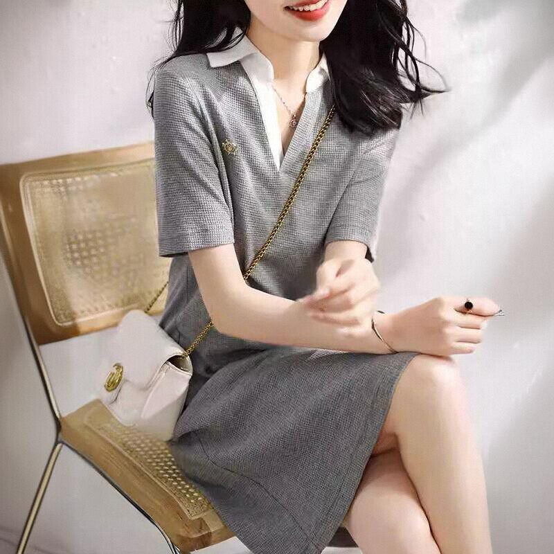 潮牌法式连衣裙女2024夏季新款胖mm遮肚气质显瘦短袖POLO领T恤裙