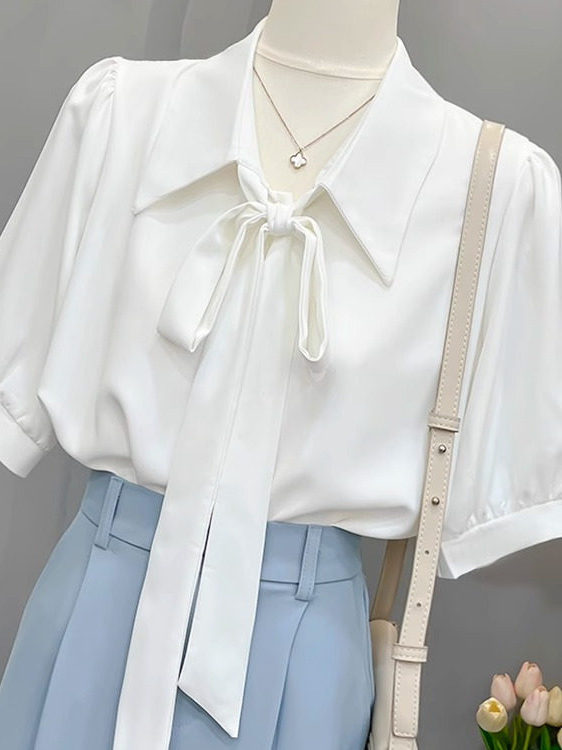 抗皱凉感白色衬衫女短袖夏季2026年新款高级泡泡袖飘带上班服衬衫