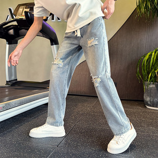 男款 破洞直筒休闲裤 2026夏季 宽松弯刀牛仔裤 百搭 潮流刮烂复古风格