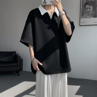 痞帅假两件学院风V领短袖POLO衫男款2026夏季新款美式休闲T恤上衣