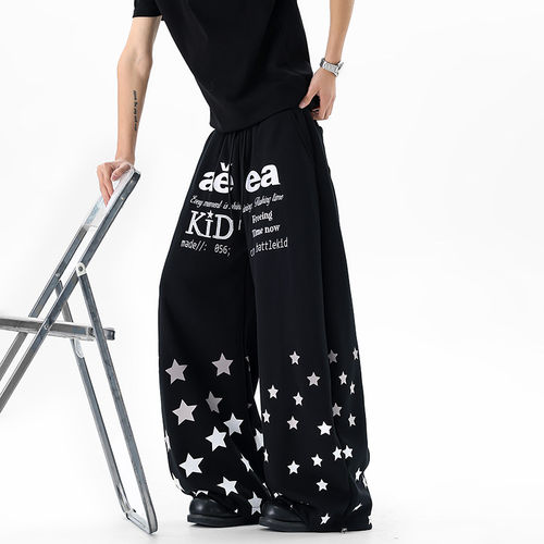 2026夏装新款潮流美式复古星星字母印花休闲卫裤宽松百搭直筒裤子