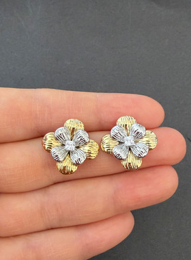 复古撞色金属感花朵耳钉女时尚铜质S925银针耳饰