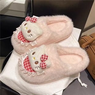 HelloKitty猫棉拖鞋女士冬季包跟2025新款可爱毛毛加绒月子棉鞋女