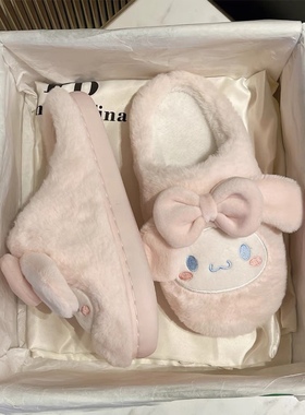 奶fufu蝴蝶结毛毛拖鞋女秋外穿2023新款学生百搭可爱包头软底棉拖