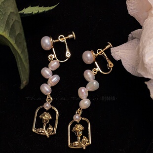 诚恳玫瑰*荆棘镇原创设计花朵珍珠耳环文艺复古百搭气质显瘦耳夹