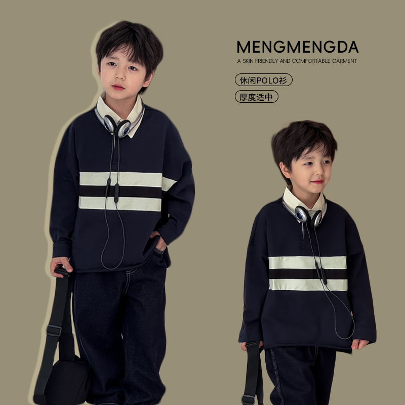 2025新款春秋童装韩版儿童藏青色休闲polo衫男童宝宝长袖撞色T恤