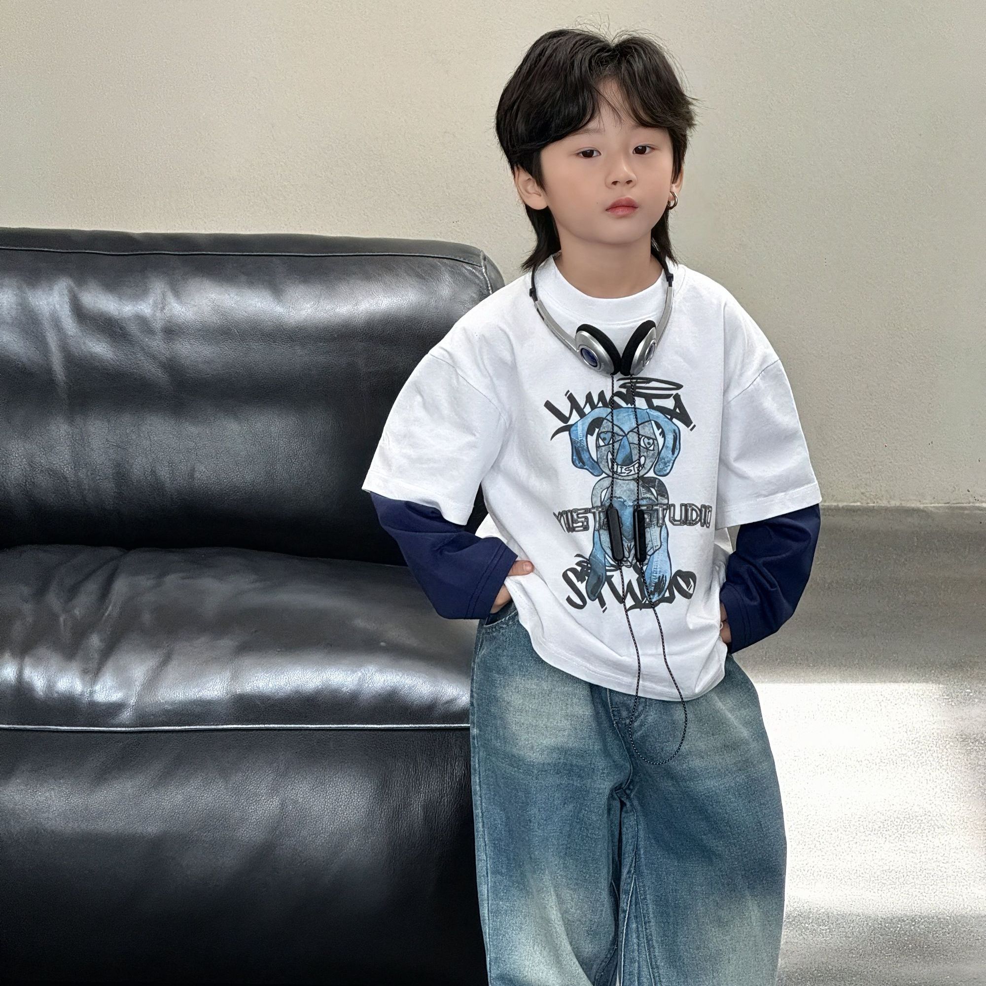 萌萌哒童装 秋季新款儿童卡通假两件长袖T恤男女童韩版休闲上衣潮图片