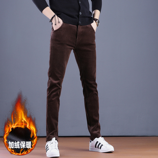 25新款加绒保暖灯芯绒休闲裤男士修身直筒长裤冬季加厚咖啡色裤子