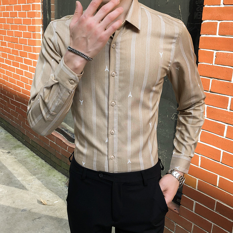 秋装条纹长袖衬衫男韩版修身帅气男士衬衣休闲气质潮流商务男装寸