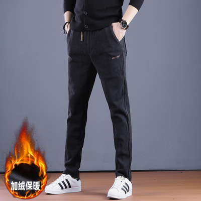 男士加绒保暖休闲裤修身直筒条绒