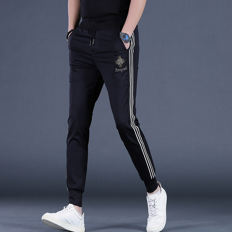 男夏季裤子潮牌男士休闲裤男款运动裤小脚裤卫裤拼色冰丝薄款男裤