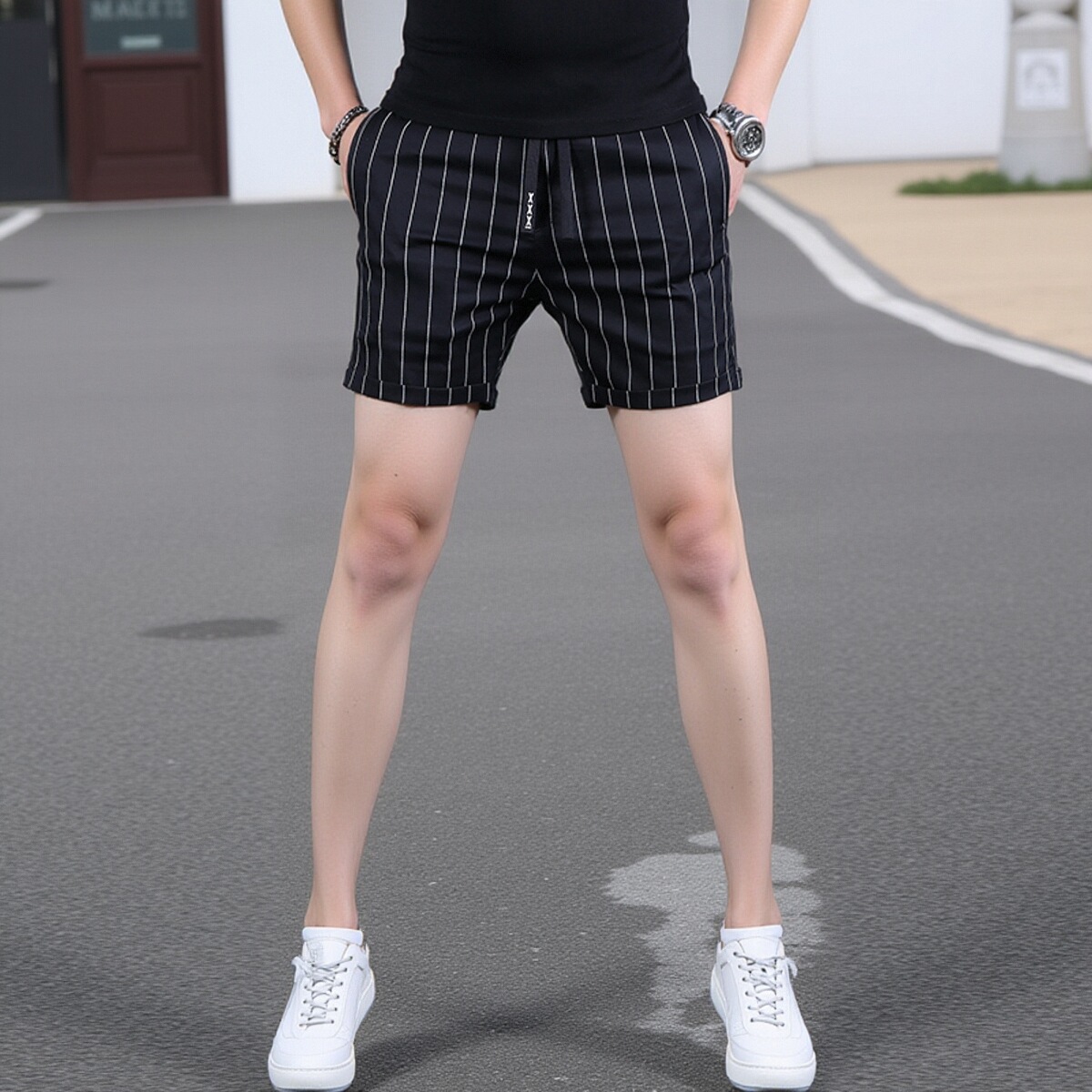欧洲站夏季潮牌沙滩短裤男高端轻奢时尚薄款三分裤竖纹印花五分裤