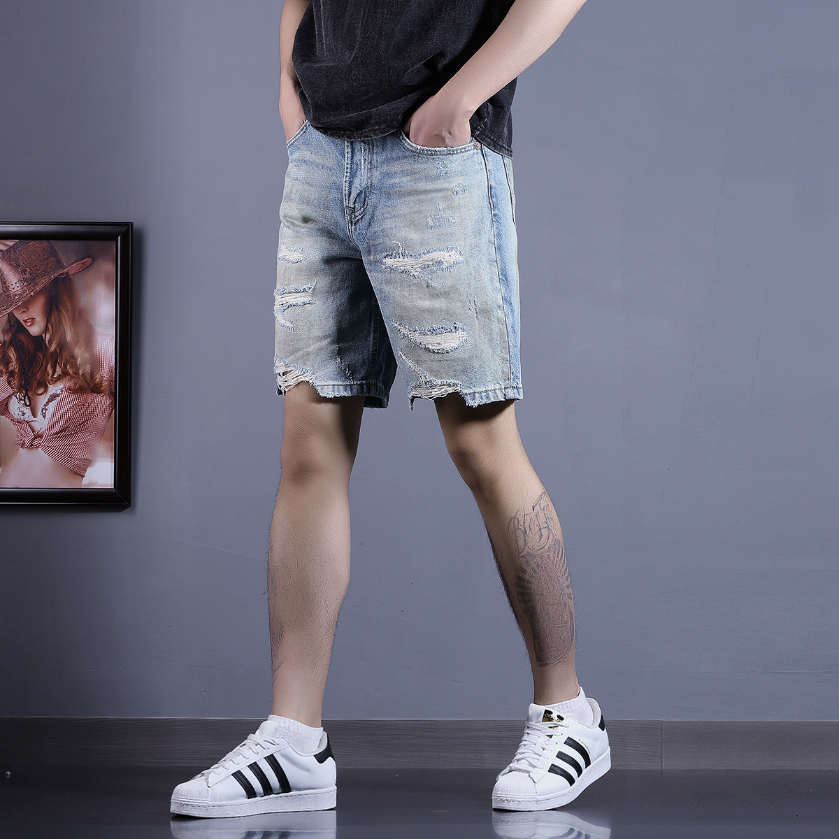 夏季新款潮牌破洞牛仔短裤男款复古泼墨宽松五分裤重工美式中裤男