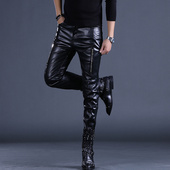 新款 裤 男士 冬季 皮裤 舞台歌手修身 子骑士外卖骑手加绒防水防寒裤