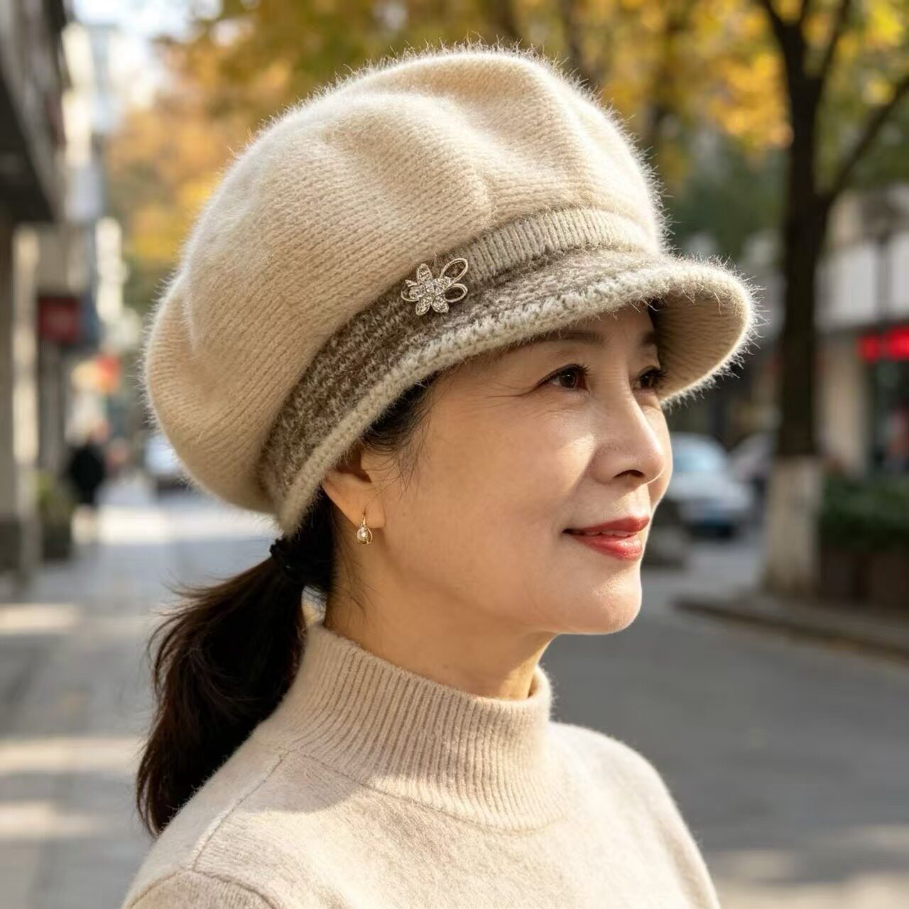 秋冬季帽子女新款针织毛线帽加绒加厚防风防寒保帽暖中老年妈妈帽