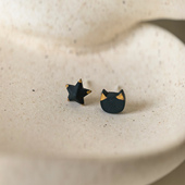 甜酷风不对称星星猫咪耳钉女黑色陶瓷生物瓷耳钉防过敏简约耳环女