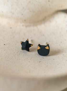 甜酷风不对称星星猫咪耳钉女黑色陶瓷生物瓷耳钉防过敏简约耳环女